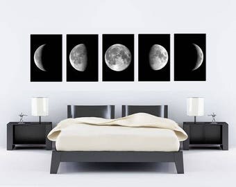 Moon print moon phases moon stars poster wall art print wall art decor black and white minimalism moon stars bedroom decor SET of 5 posters