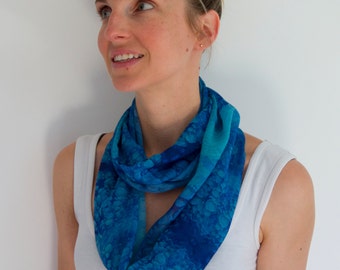 Two tone blue infinity scarf wrap throw silk-feel polyester microfiber coastal design gift for her