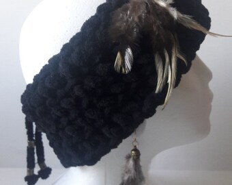 Black crochet headband earmuff Boho style cosy soft headband with Copper Feathers and heart charms