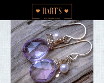 Pink Amethyst Teardrop 14K Gold Dangle Earrings