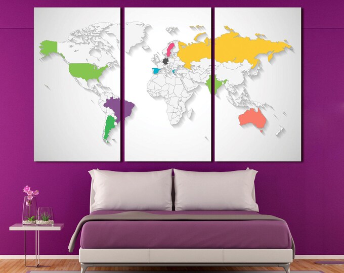 Extra large world travel map canvas, push pin travel map, colorful framed world map, world map wall art, world map pinboard framed wall art
