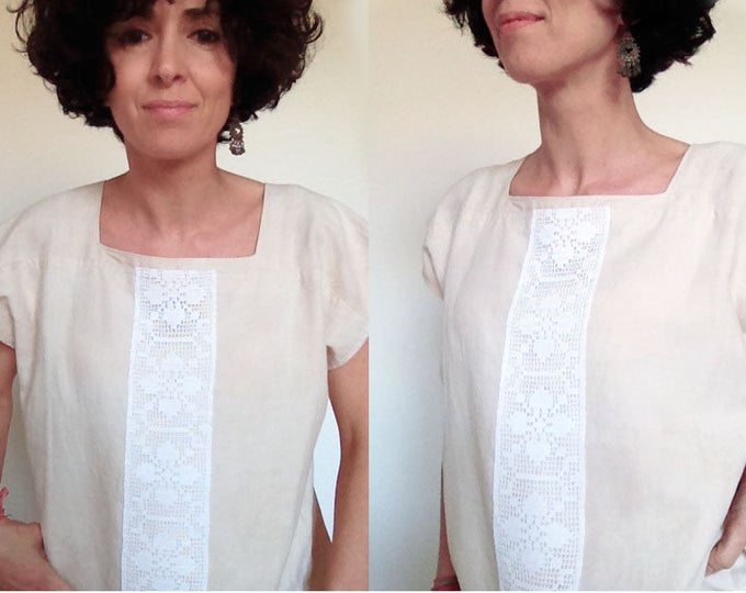 Antique cloth hand-dyed blouse/blouse with crochet hook/short Sleeve shirt/Over Size blouse/day blouse/formal blouse