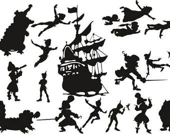 Peter Pan and Tinkerbell Die Cut Out Silhouettes - Hook, Ship, Tick Toc, . Great for fairy jar, cardmaking, scrapbooking, party bag fillers