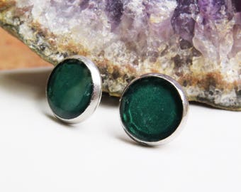 green stainless steel stud earrings, tiny green earrings, green studs, gift earrings, tiny stud earrings, resin earrings,