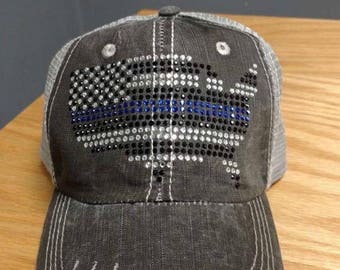 Police Support Distressed Bling Trucker Hat