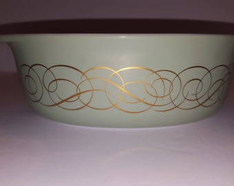 Vintage Pyrex # 043 Sage Green with golden Scroll/ Swirls 1.5 Qt. Casserole Dish