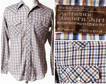 Vintage Men's Western Shirt Gingham JC Penney - Retro 80s 16 Large L Country