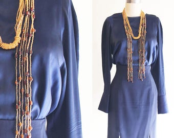 Vintage Valerie Stevens Navy Blue Satin Silk Blouse Size 4