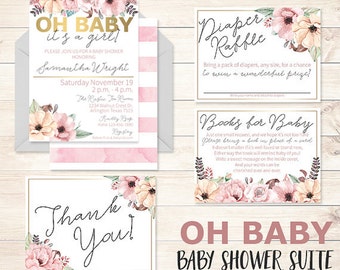 Oh Baby Baby Shower Invitation, It's A Girl Baby Shower, Oh Baby Baby Shower Suite, It's A Girl Babyshower Invitation, Gold Floral Baby