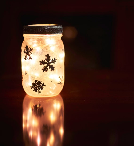 Snowflake Frosted Mason Jar Luminary Christmas Lights