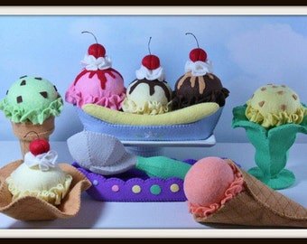 Felt Ice Cream Pattern, Felt Food Set, Fieltro Comida, Felt Food Pattern, Felt Banana Split, Felt Ice Cream Cone, Ice Cream Sundae