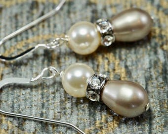 Platinum and Cream Swarovski Crystal Pearl Drop Earrings