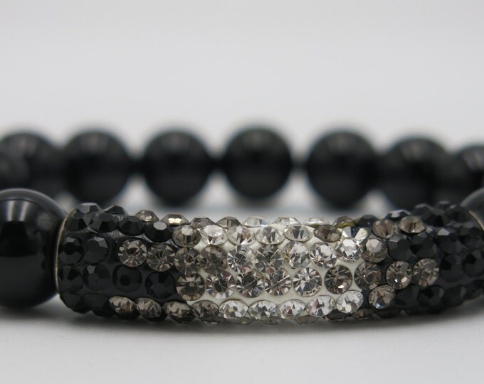 Instant Glamour Fashion Crystal Beaded Bracelet! All natural Black Onyx 10mm with Crystal Rhinestone Clay Bead.