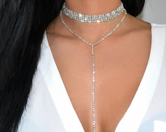 CHRISTINA Set Double T Drop Diamante Choker Necklace Rhinestone Choker Necklace Sparkle Crystal Choker Silver Necklace