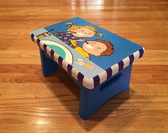 Personalized Child's Step Stool, Hand painted blue wooden step stool, Kid's Brushing Teeth Stool, Personalized Step Stool
