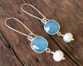 Chalcedony Earrings, Sterling Silver Earrings, Light Blue Earrings Wedding Earrings, Pearl Earrings Dangle, Wedding Jewelry, Bridal Earrings