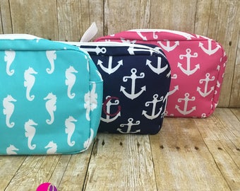 Monogrammed Cosmetic Bags - Available in Seahorse and Anchor Patterns