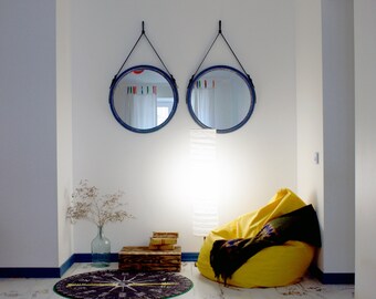 Round Mirror on the Leather Belt "Rio" / Loft Style / Wall Mirror / Strap Mirror / Color Choice / Wall Hanging Mirror / Decorative Mirror