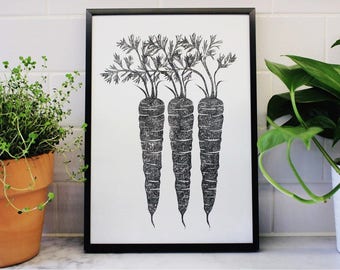Carrot Lino Print, Handprinted Linocut, Vegetable Print, Kitchen Art, Gifts for Chef, Vegetable Art, Black anc White