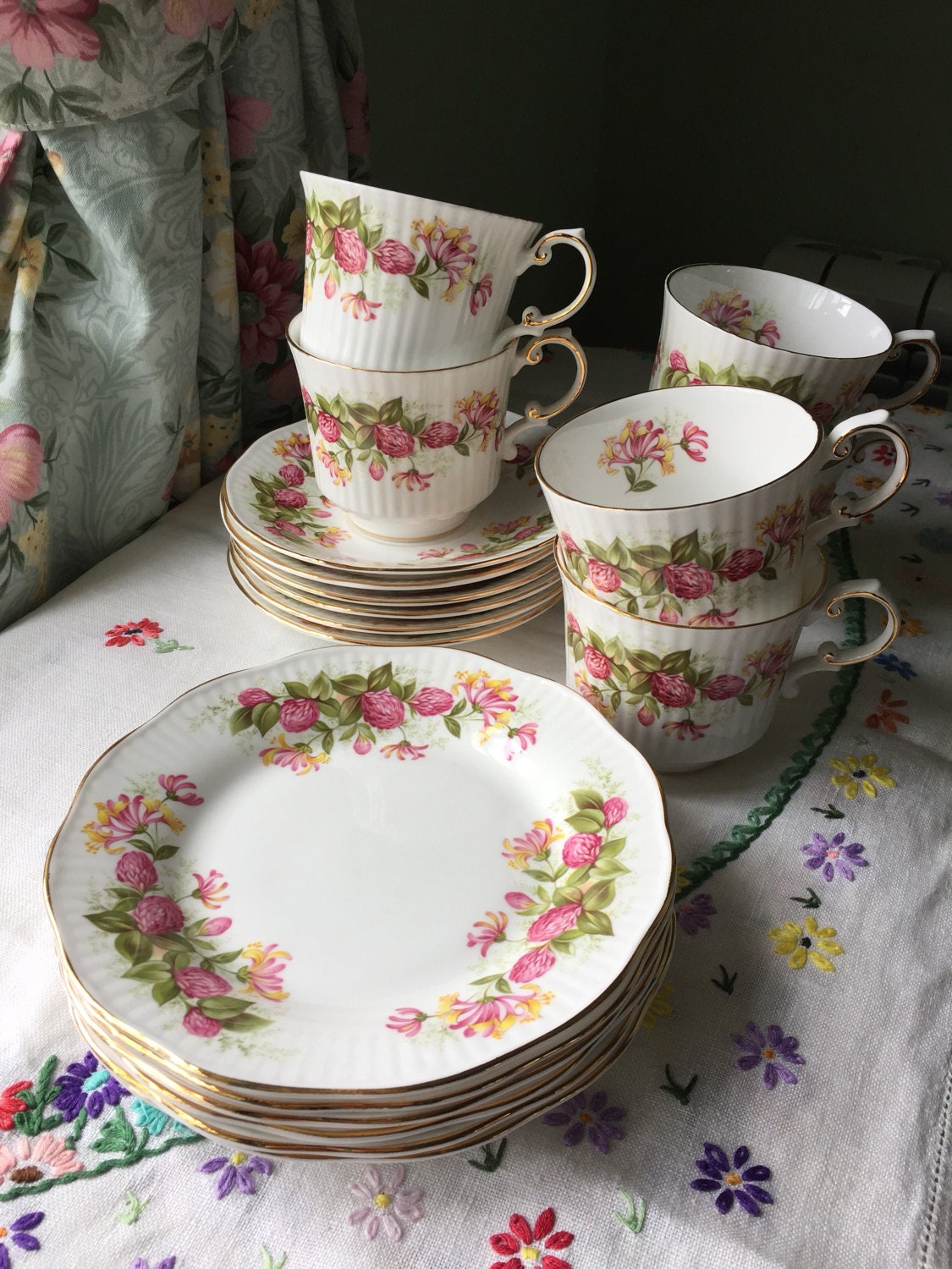 Tea set Queens Rosina bone china six cups saucers and tea