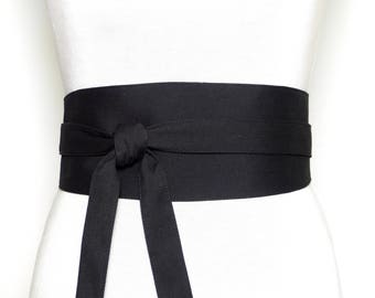 Silk and Wool - Reversible Black Obi Belt, Wide wrap belt, Waist belt japanese kimono cincher corset asian