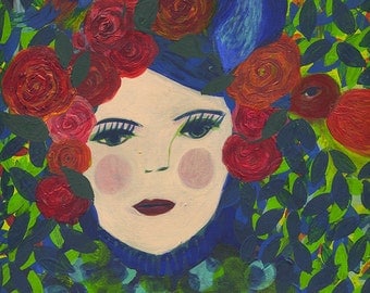 Original painting on paper - Femme aux oiseaux - Woman with birds -