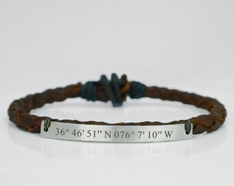 Custom Coordinates Bracelet, Latitude Longitude Bracelet, Silver Bar, Engraved Bracelet, Brown Leather Braided Bracelet, Special Location