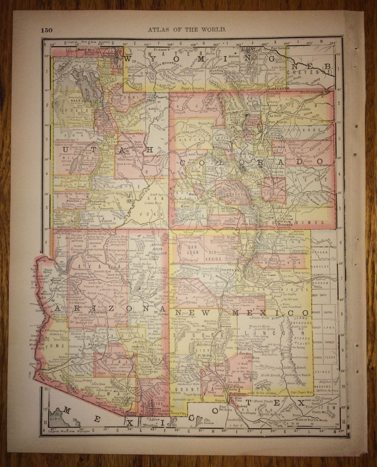 Utah Colorado Arizona & New Mexico Large Map 1888 Rand