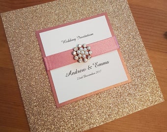 Wedding Invitation With Brooch Uk Rose Gold Wedding Invitation Pocketfold With Brooch Style Embellishment
