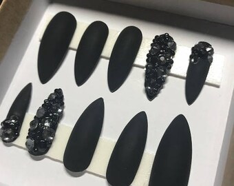 Glue Included | Matte Black and Swarovski Crystal Nails | Press On Nails | Glue On Nails | False Nails | Any Shape | Hand Painted | False Na