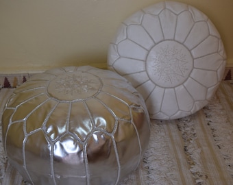 Set of 2 moroccan poufs, ottoman luxury white & silver floor poufs, moroccan home decor