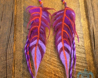 PURPLE DRAGON Fine Merino Wool Hand Felted Feather unisex Dangle Clip, Two Available