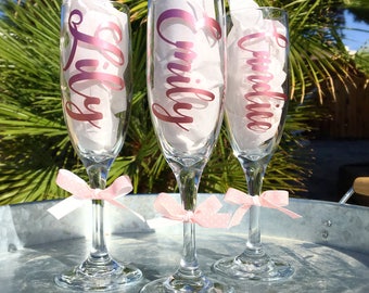 Personalized Champagne Flutes | Metallic | Calligraphy | Custom | Birthday | Bachelorette Party | Girls Night | Gifts | Drinking Favors