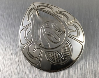 Haida Eagle Sterling Silver Pendant Brooch Pin Signed Teardrop Shape Hand Engraved Coast Salish Haida