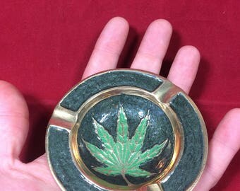 Marijuana Pot Leaf Mary Jane Weed Cannabis Ash Tray Enameled BRASS Small Dark Green Enamel Ashtray Handmade 3-1/2" Diameter FAST SHIPPING