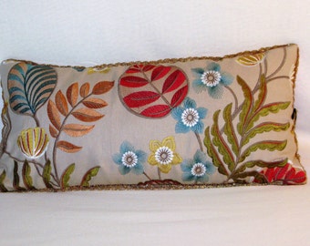 Embroidered Pillow floral linen and red silk velvet, 60 x 30 "Abeba"