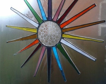Tiffany style Stained Glass Rainbow Sun with glass etched pattern.
