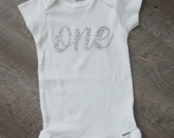 Bodysuit 1st Birthday Outfit Silver Glitter One Iron On Vinyl Ready2Ship