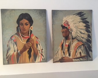 Vintage native chief and maiden oil on board