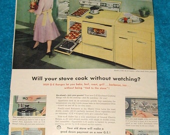 General electric 1959 GE Electric ranges cooking retro kitchen vintage wall hanging picture appliance stove