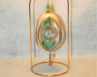 Victorian Inspired Decorated Goose Egg Decorated with Light Emerald, and Peridot Austrian Crystal, and AB Faceted Ball