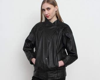 Vintage Black Leather Jacket/ Size 44/ Made in Italy