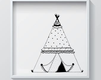 Nursery Wall Art - Kids Teepee Tent Native Indian Girl - Printable Wall Art - Instant download - Hand Drawn Art - FREE Gift included