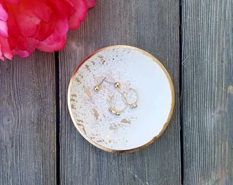 Catchall, Gold Splatter Ring Dish, White Ring Dish, Clay Ring Dish, Jewelry Holder, Gold Rim Ring Dish, Vanity Tray, Birthday Gift for Her