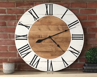Large Distressed Farmhouse Clock -stained w/white border - Rustic Home Decor- Farmhouse Style - fixer upper-Housewarming - Large Wall Clock