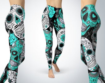 Sugar Skull Leggings, Yoga Leggings - Sugar Skull Yoga Pants, Capri Yoga Pants, Sport Stretch Leggings, Fitness Workout Yoga Pants Joggers