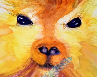 Alpacasso ~ 11 x 14 Original Watercolor~ Yellows, Oranges, Alpaca