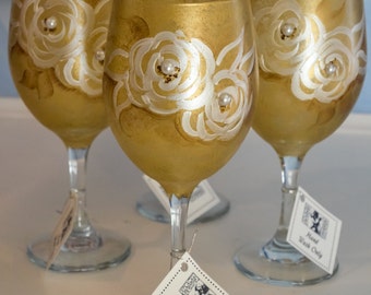 Hand Painted Gold Floral Wine Glasses(Set of 2)