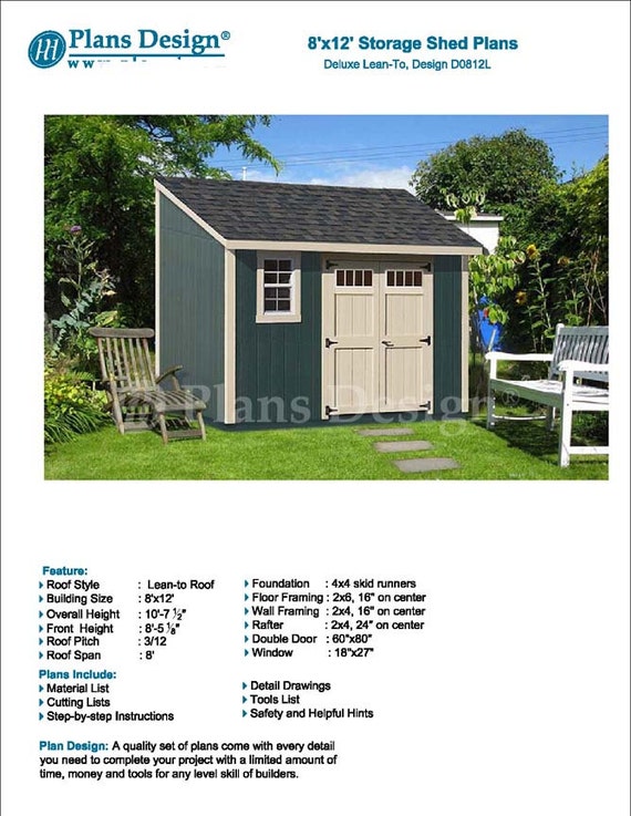 8' x 12' Garden Storage Lean-to Shed Plans / Blueprints ...