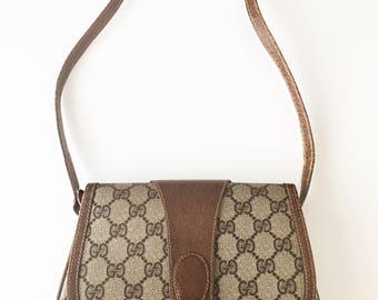 Authentic 80's vintage GUCCI GG crossbody purse hand bag brown PVC leather